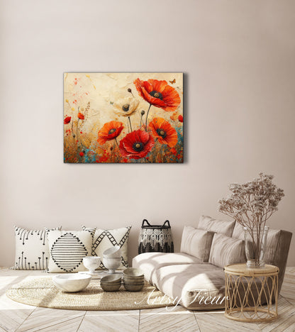 Framed Canvas- Beautiful Vibrant Poppies Abstract Oil Painting Floral Canvas Print Colourful Living Room Wall Art