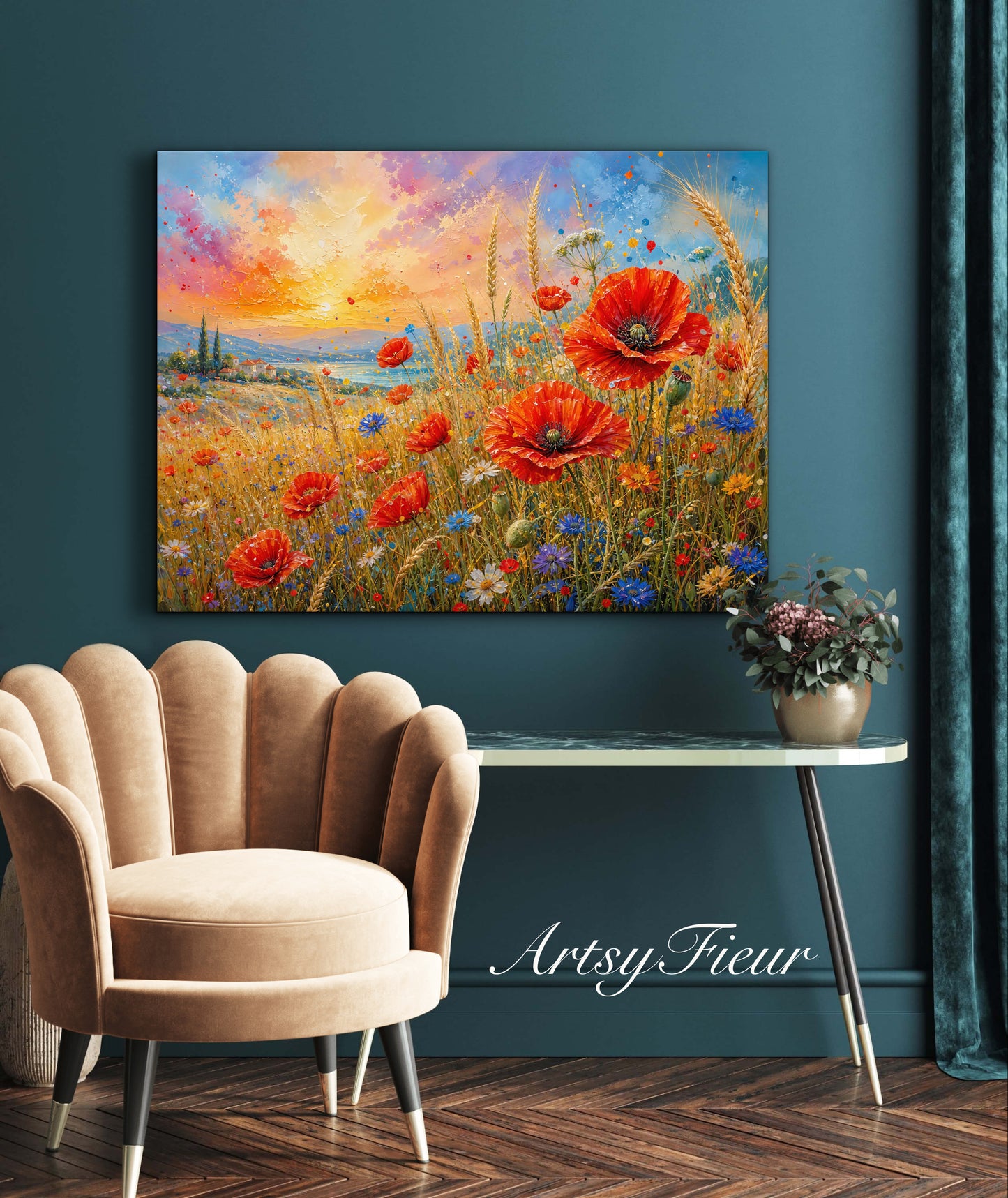 Framed Canvas Print- Vibrant Wildflowers and Poppies Oil Painting Textured Wall Art , Beautiful Original Artwork Ready to Hang Living Room, Floral