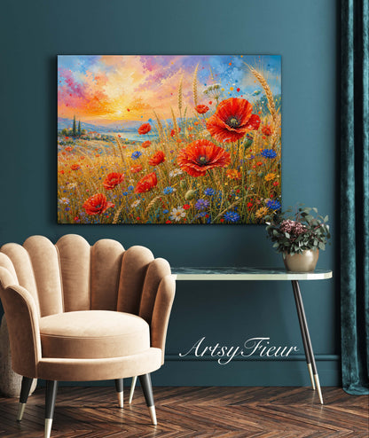 Framed Canvas Print- Vibrant Wildflowers and Poppies Oil Painting Textured Wall Art , Beautiful Original Artwork Ready to Hang Living Room, Floral