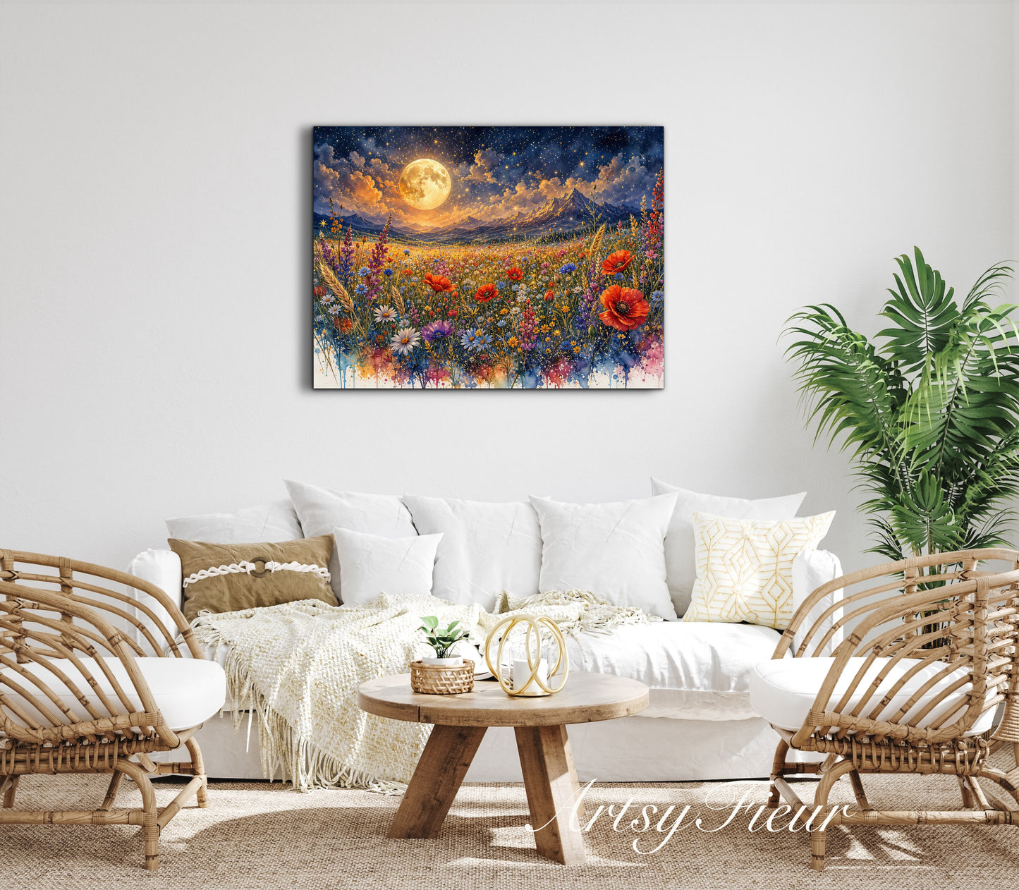 Framed Canvas Print- Vibrant Wildflowers and Poppies Oil Painting Textured Wall Art , Beautiful Original Artwork Ready to Hang Living Room, Floral