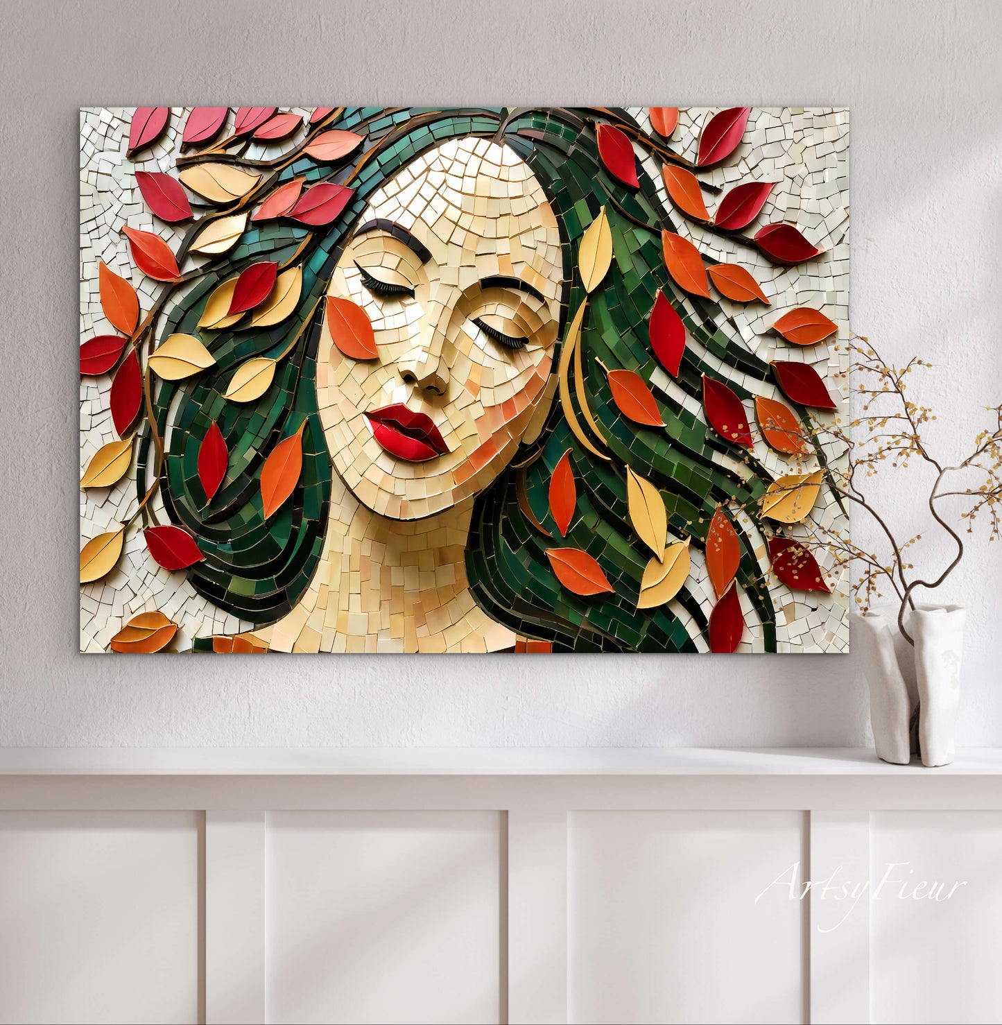 Framed Canvas- Vibrant Colours Beautiful Brunette Woman’s Abstract Portrait Mosaic Autumn Leaves Original Artwork Fantasy Wall Art Print