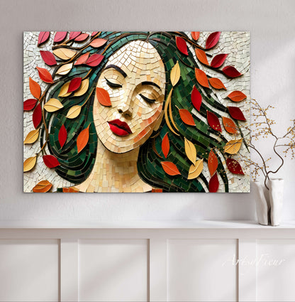 Framed Canvas- Vibrant Colours Beautiful Brunette Woman’s Abstract Portrait Mosaic Autumn Leaves Original Artwork Fantasy Wall Art Print