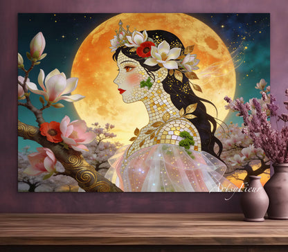Framed Canvas- Vibrant Magnolia Flowers Beautiful Brunette Woman’s Abstract Portrait Mosaic Original Artwork Fantasy Wall Art Print Mother Nature