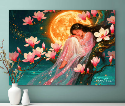 Framed Canvas- Vibrant Magnolia Flowers Beautiful Brunette Asian Woman’s Abstract Portrait Original Artwork Fantasy Wall Art Print