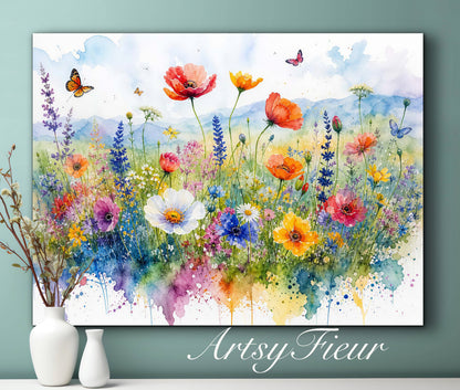 Framed canvas- ready to hang wall art print, beautiful vibrant colours watercolour fantasy painting wildflowers ,floral landscape, unique gift, one of a kind original artwork