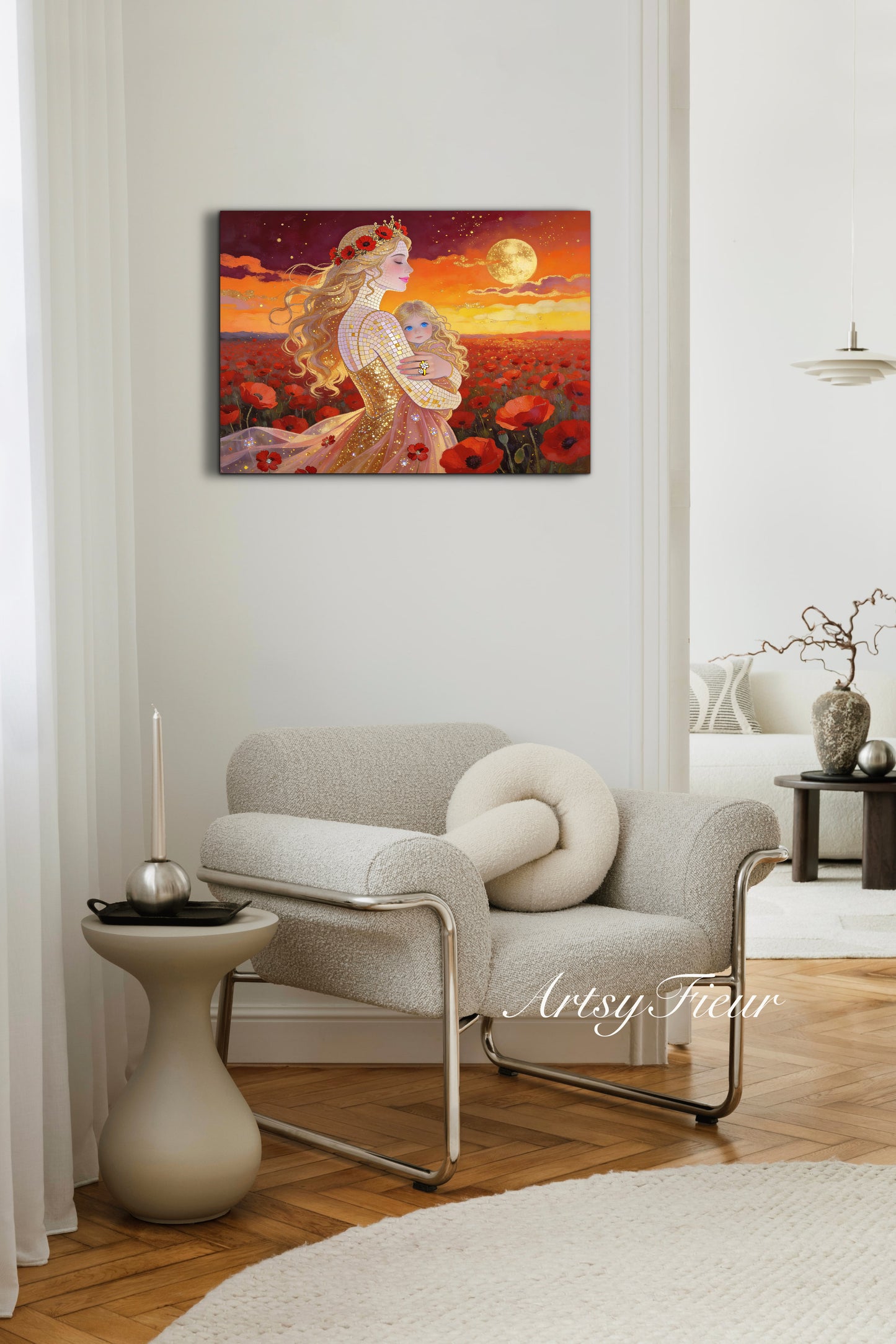Framed Canvas- Vibrant Poppies Field Mother and Daughter Portrait Whimsical Full Moon Sunset Fantasy Oil Painting Wall Art Print