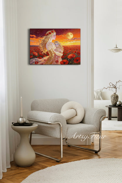Framed Canvas- Vibrant Poppies Field Mother and Daughter Portrait Whimsical Full Moon Sunset Fantasy Oil Painting Wall Art Print