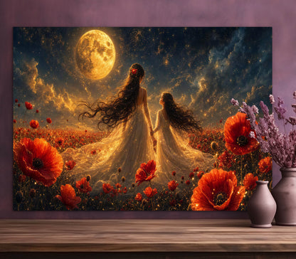 Framed Canvas- Vibrant Poppies Field Bride Mother and Daughter Portrait Whimsical Full Moon Sunset Fantasy Oil Painting Wall Art Print