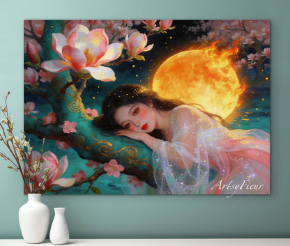 Framed Canvas- Vibrant Magnolia Flowers Beautiful Brunette Asian Woman’s Abstract Portrait Original Artwork Fantasy Wall Art Print