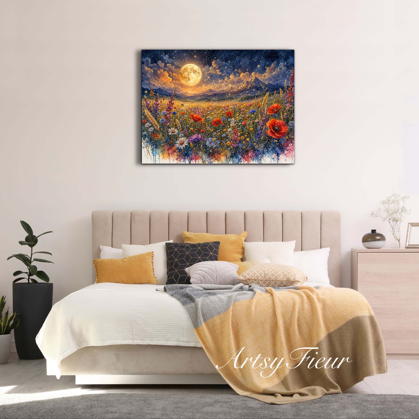 Framed Canvas Print- Vibrant Wildflowers and Poppies Oil Painting Textured Wall Art , Beautiful Original Artwork Ready to Hang Living Room, Floral