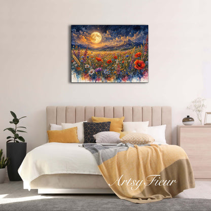 Framed Canvas Print- Vibrant Wildflowers and Poppies Oil Painting Textured Wall Art , Beautiful Original Artwork Ready to Hang Living Room, Floral