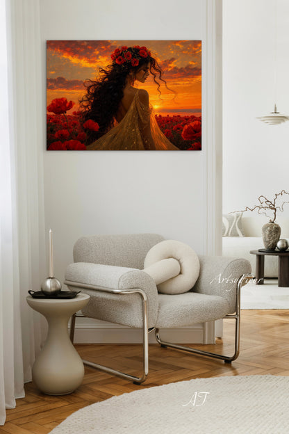 Framed Canvas - Vibrant Poppies Whimsical Full Moon Bride in Poppy Field, Wall Art Ready to hang Oil Painting Original Artwork Print