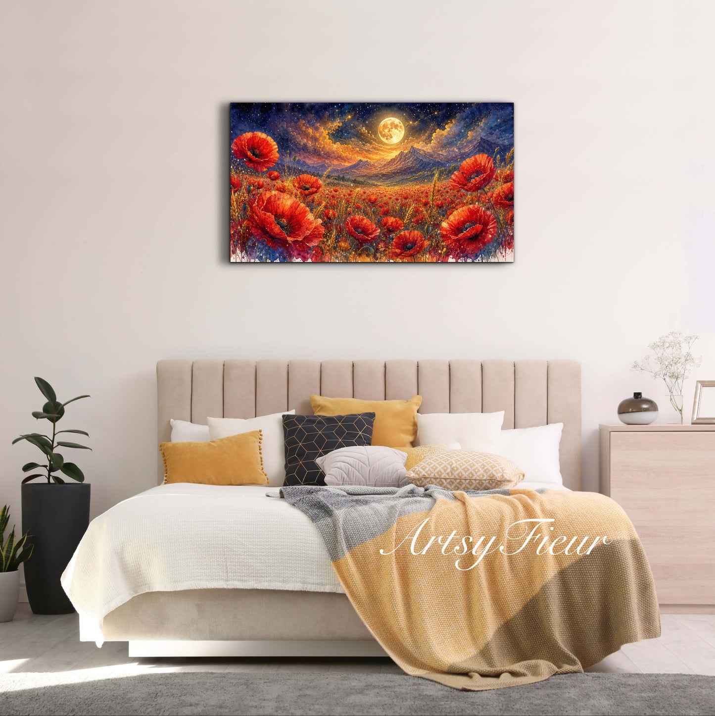 ArtsyFieur Framed Canvas - vibrant poppies whimsical lights full moon living room colourful wall art