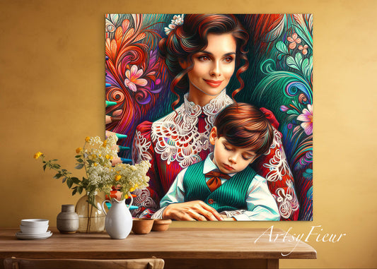 Framed canvas print Mother and son abstract coloured crayons portrait vibrant wall art