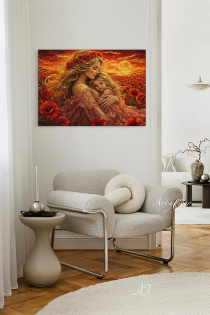 Framed Canvas- Vibrant Poppies Field Mother and Daughter Portrait Whimsical Full Moon Sunset Fantasy Oil Painting Wall Art Print