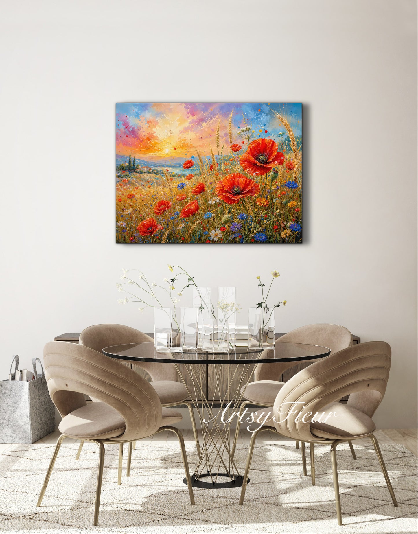 Framed Canvas Print- Vibrant Wildflowers and Poppies Oil Painting Textured Wall Art , Beautiful Original Artwork Ready to Hang Living Room, Floral