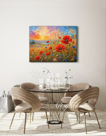 Framed Canvas Print- Vibrant Wildflowers and Poppies Oil Painting Textured Wall Art , Beautiful Original Artwork Ready to Hang Living Room, Floral