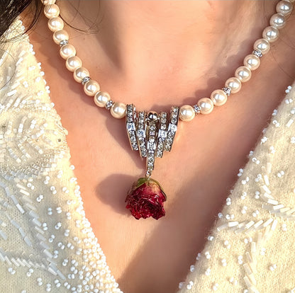 Real Red Rose Necklace |Preserved flower in resin | Mini red rose pearl necklace | White pearl | Silver Baroque Crystal pendant