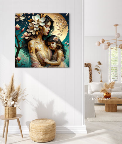 Framed canvas- ready to hang wall art print, abstract mother and daughter portrait Mosaic Magnolia Flowers