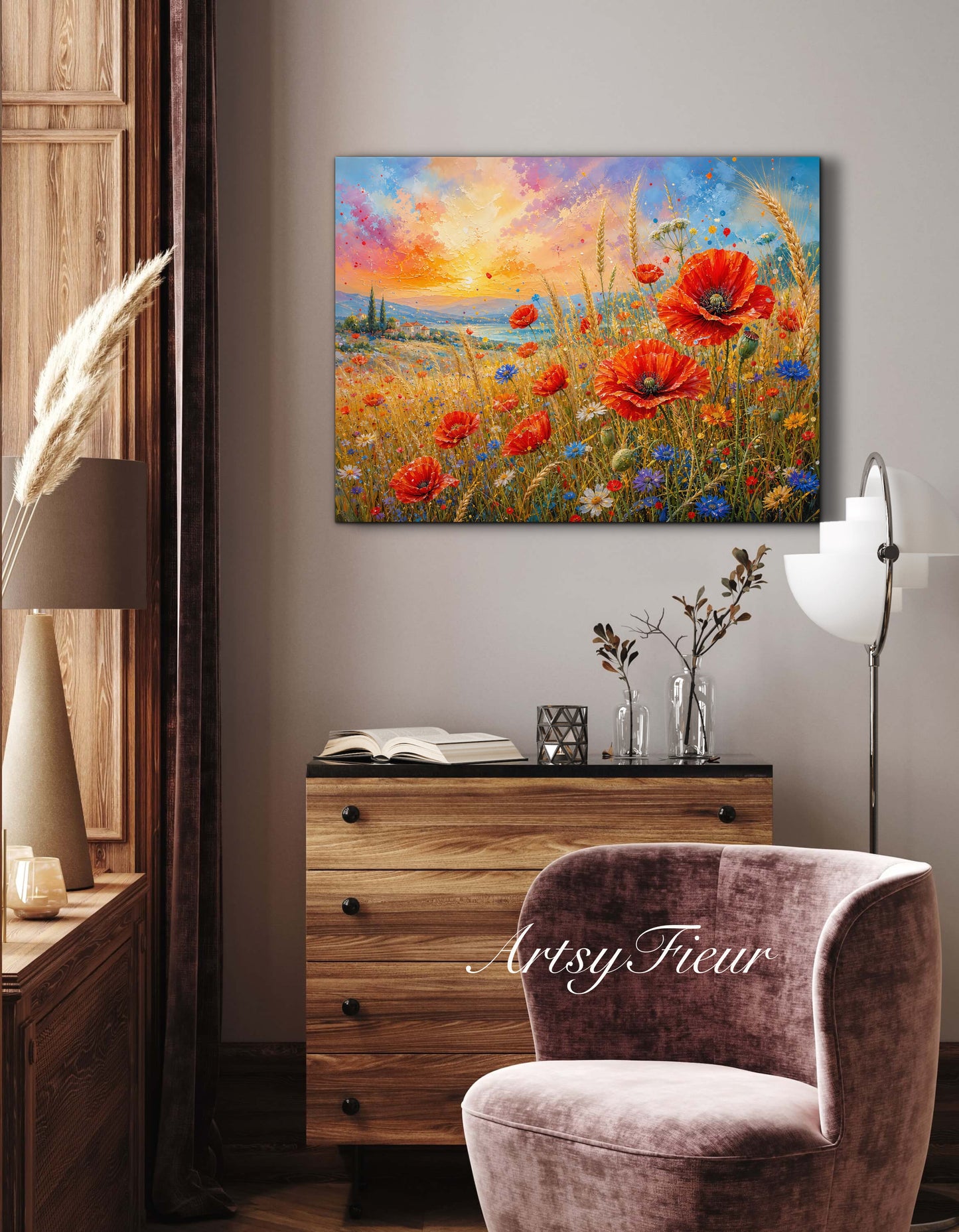 Framed Canvas Print- Vibrant Wildflowers and Poppies Oil Painting Textured Wall Art , Beautiful Original Artwork Ready to Hang Living Room, Floral