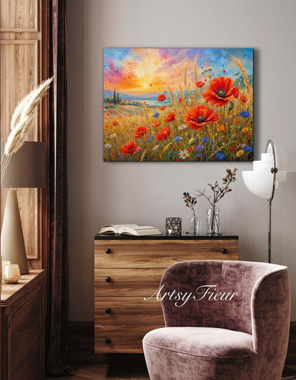 Framed Canvas Print- Vibrant Wildflowers and Poppies Oil Painting Textured Wall Art , Beautiful Original Artwork Ready to Hang Living Room, Floral