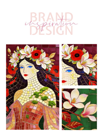 Framed Canvas- Vibrant Magnolia Flowers Beautiful Brunette Woman’s Abstract Portrait Mosaic Original Artwork Fantasy Wall Art Print Mother Nature