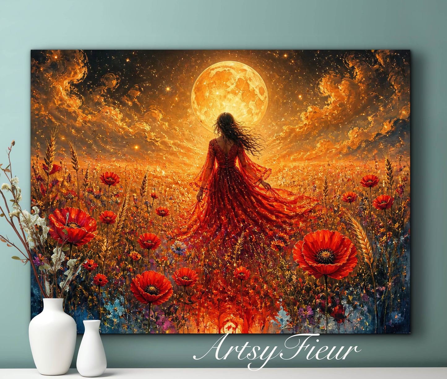 Framed Canvas - Vibrant poppies and wildflowers Whimsical Full Moon starry night sky Bride in Poppy Field, Wall Art Ready to hang original Artwork Print Red Dress