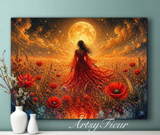 Framed Canvas - Vibrant poppies and wildflowers Whimsical Full Moon starry night sky Bride in Poppy Field, Wall Art Ready to hang original Artwork Print Red Dress