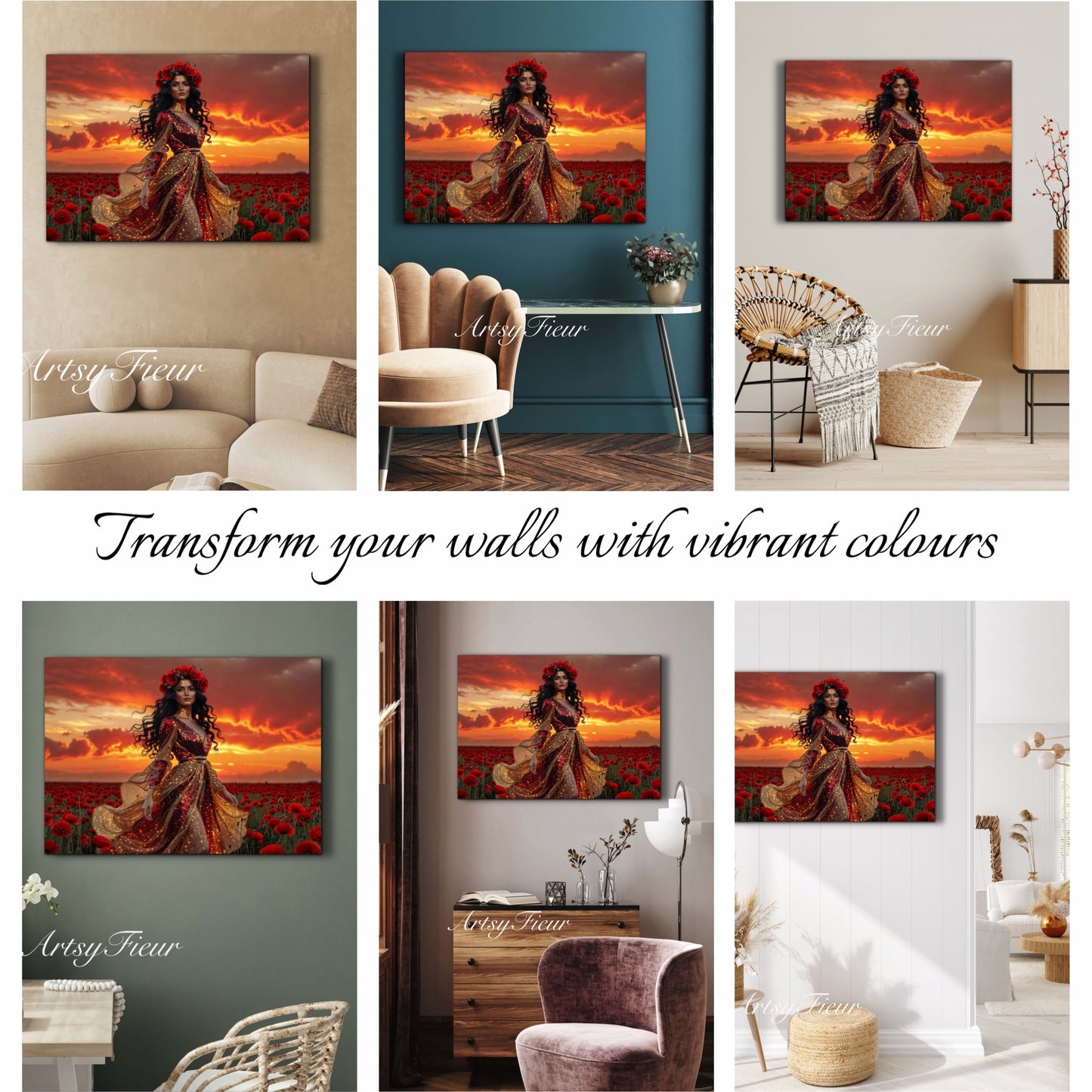 Framed Canvas - Vibrant Poppies Whimsical Sunset Beautiful Brunette in Poppy Field, Wall Art Ready to hang Oil Painting Original Artwork Print