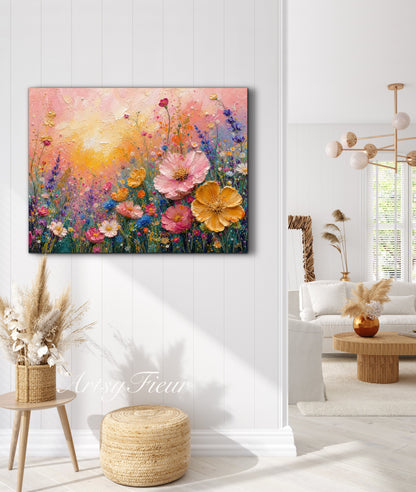 Framed Canvas Print- Vibrant Wildflowers Oil Painting Textured Wall Art , Beautiful Original Artwork Ready to Hang Living Room, Floral