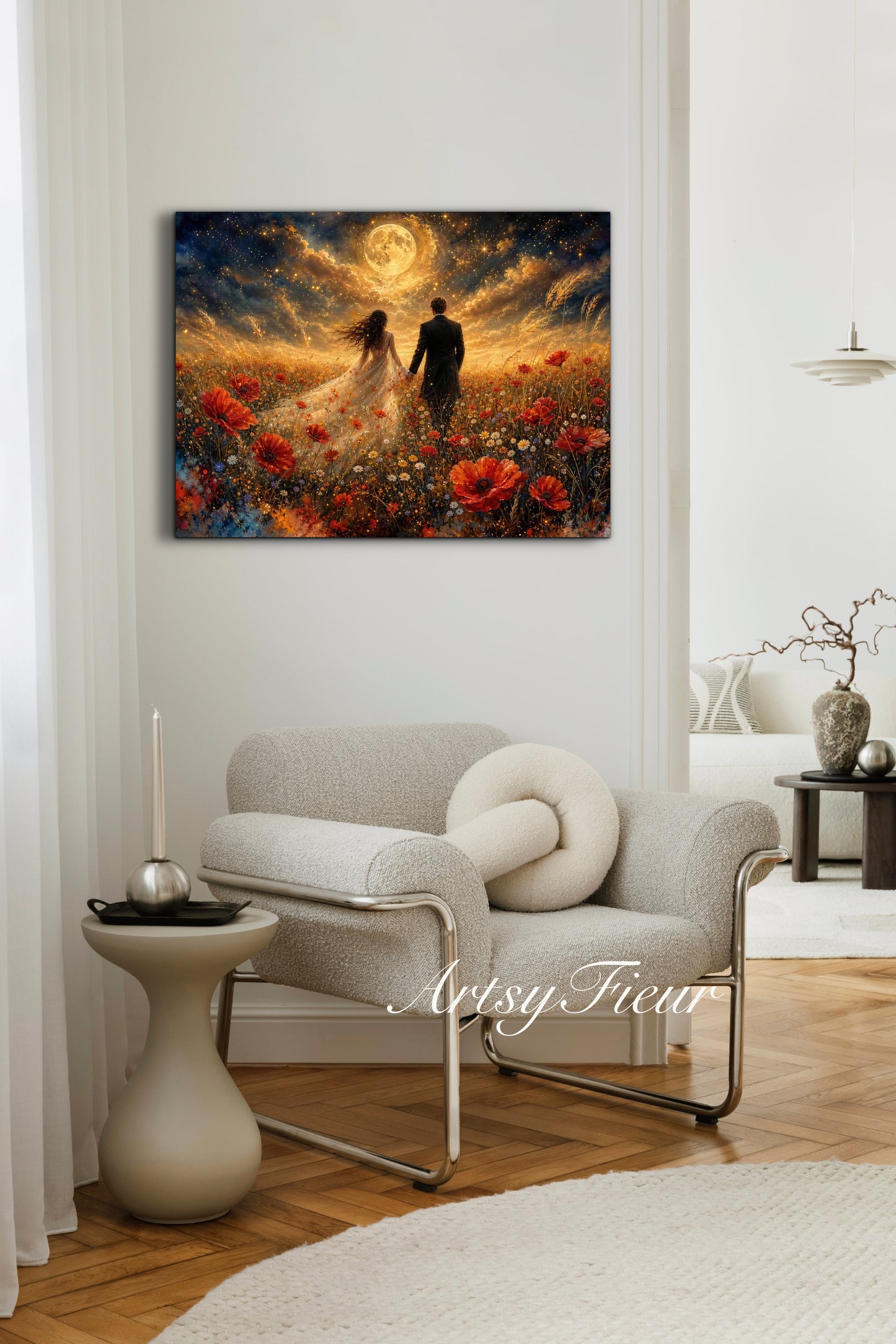 Framed canvas- whimsical full moon sunset -bride and groom, wedding gift, fantasy oil painting bedroom wall art print floral poppies field colourful vibrant colours