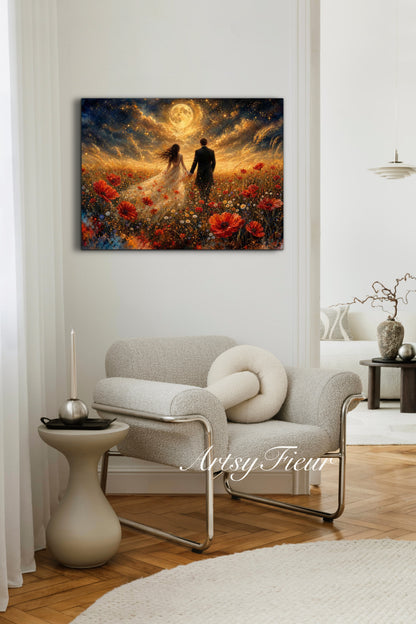 Framed canvas- whimsical full moon sunset -bride and groom, wedding gift, fantasy oil painting bedroom wall art print floral poppies field colourful vibrant colours