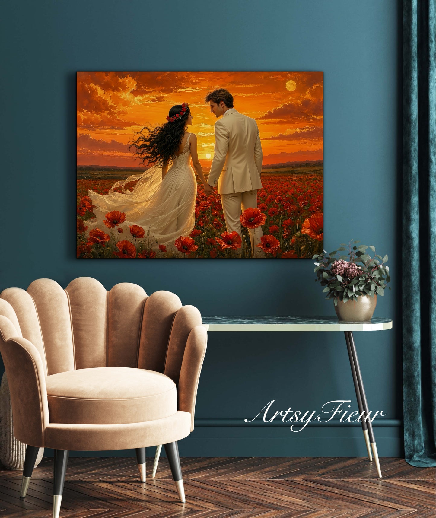 Framed canvas- whimsical full moon sunset bride and groom, wedding, poppy field, vibrant colours living room original artwork, fantasy oil painting wall art print