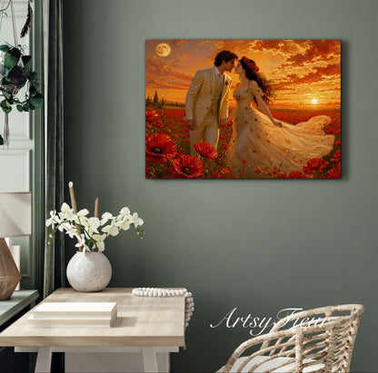 Framed canvas- whimsical full moon sunset bride and groom, wedding, poppy field, vibrant colours living room original artwork, fantasy oil painting wall art print