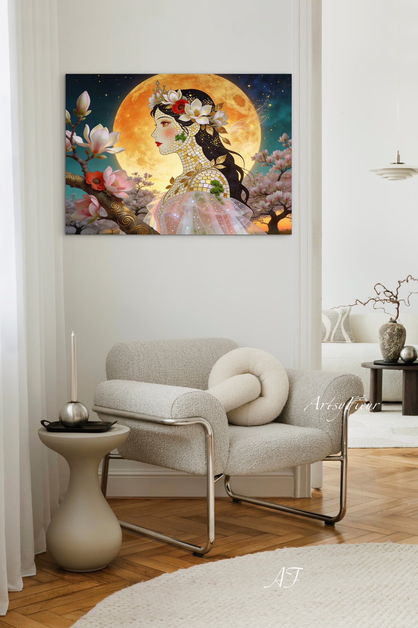 Framed Canvas- Vibrant Magnolia Flowers Beautiful Brunette Woman’s Abstract Portrait Mosaic Original Artwork Fantasy Wall Art Print Mother Nature