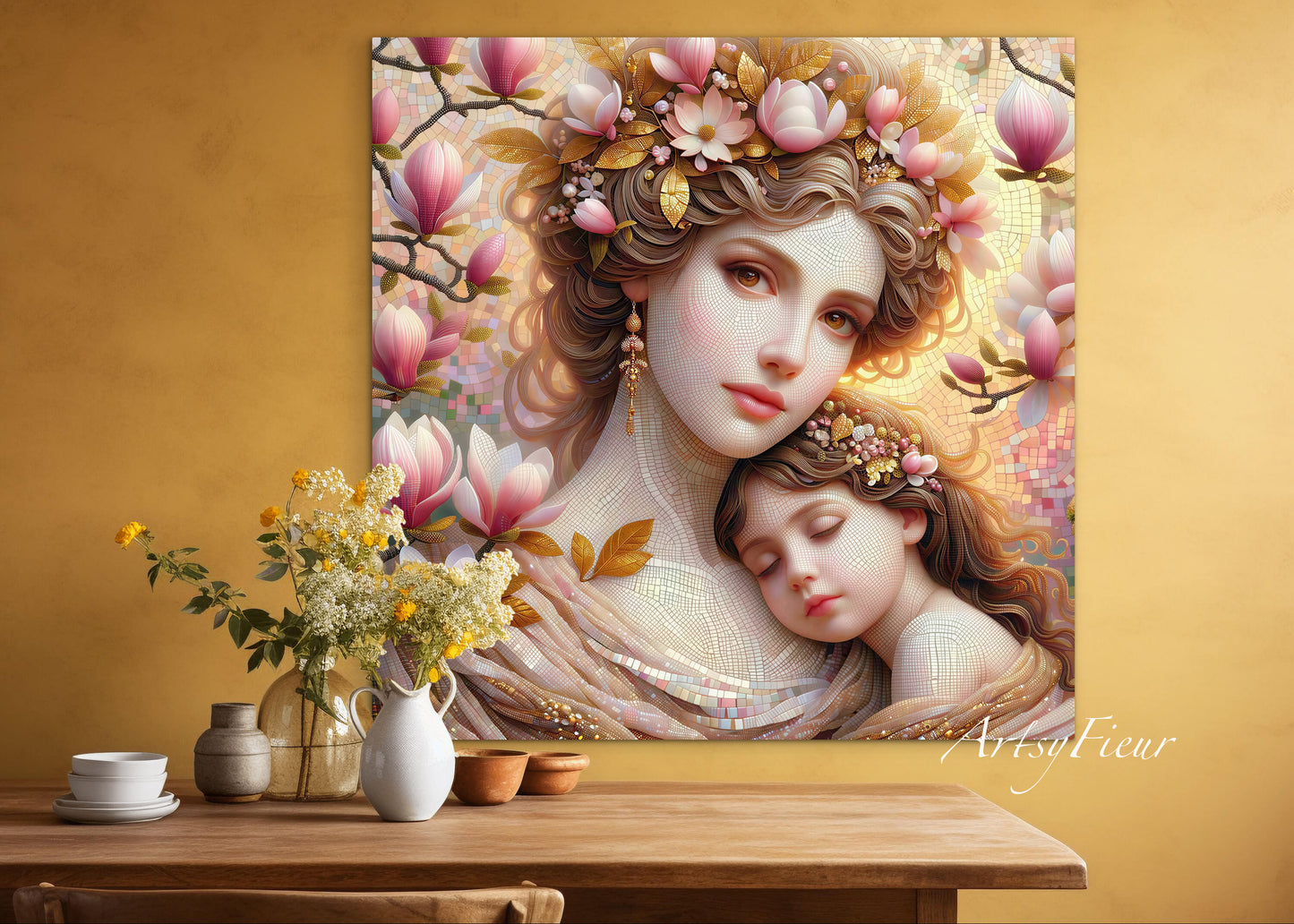 Framed canvas- ready to hang wall art print, abstract mother and daughter portrait Mosaic