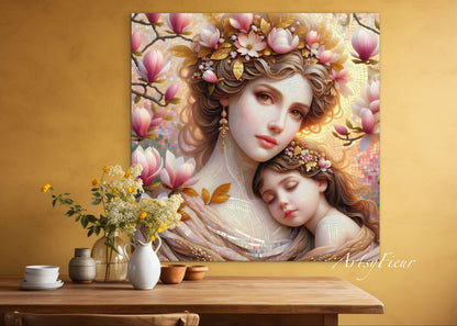 Framed canvas- ready to hang wall art print, abstract mother and daughter portrait Mosaic