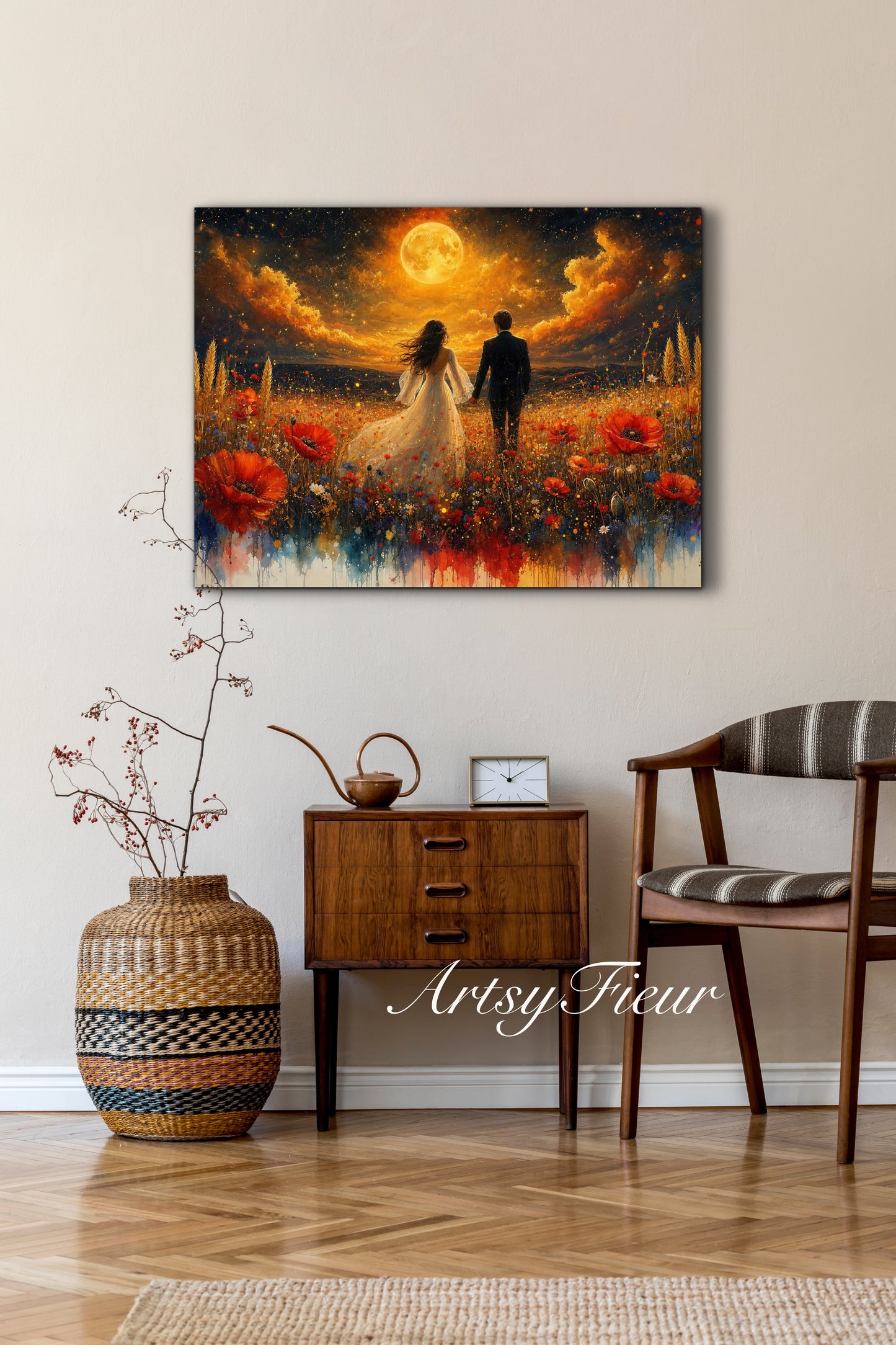 Framed canvas- whimsical full moon sunset -bride and groom, wedding gift, fantasy oil painting bedroom wall art print floral poppies field colourful vibrant colours