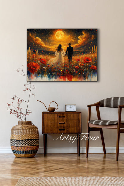 Framed canvas- whimsical full moon sunset -bride and groom, wedding gift, fantasy oil painting bedroom wall art print floral poppies field colourful vibrant colours