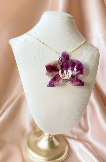 *REAL FLOWER Large Dark Purple Orchid Necklace Preserved Flower in Resin Pendant Orchid on Chain Botanical Floral Necklace