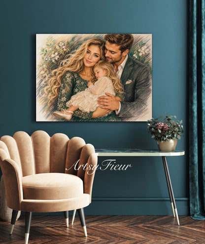 Framed Canvas- Vibrant Mother and Daughter Dad Family Portrait Fantasy Drawing Wall Art Print