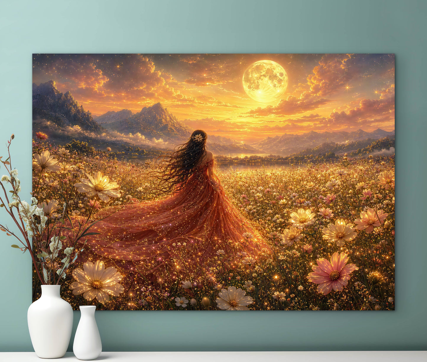 Framed Canvas- Abstract Portrait Beautiful Bride Wildflowers Field Whimsical Full Moon Fantasy Painting Art Print