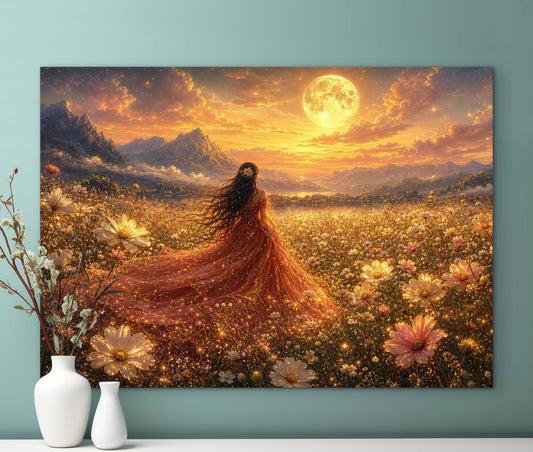 Framed Canvas- Abstract Portrait Beautiful Bride Wildflowers Field Whimsical Full Moon Fantasy Painting Art Print