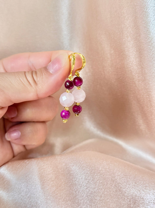 Handmade Rose Quartz Earrings Pink Tigers Eye Gemstone Long Drop Dangle Earrings Hypoallergenic