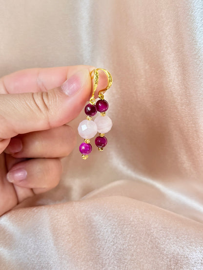 Handmade Rose Quartz Earrings Pink Tigers Eye Gemstone Long Drop Dangle Earrings Hypoallergenic