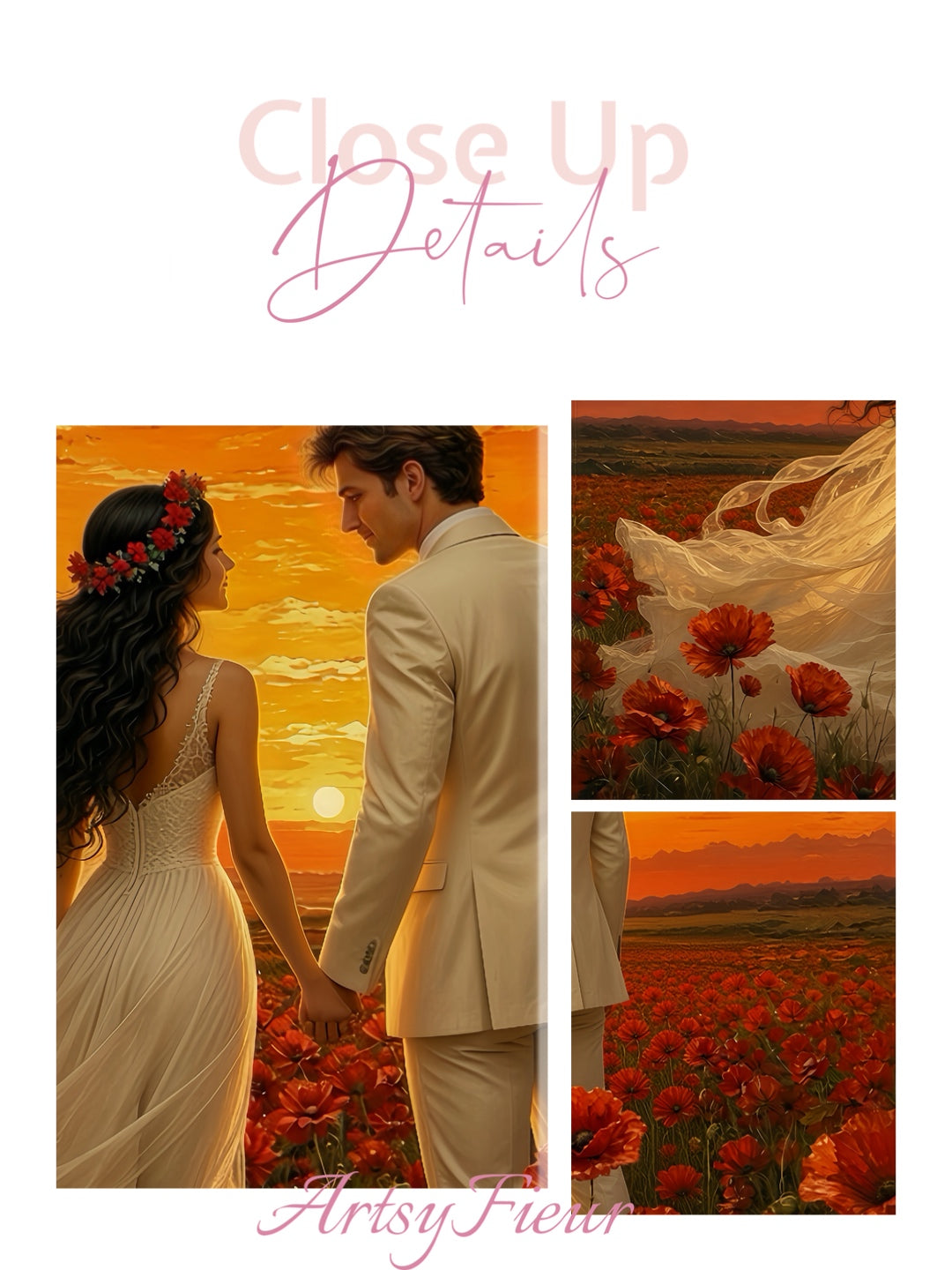Framed canvas- whimsical full moon sunset bride and groom, wedding, poppy field, vibrant colours living room original artwork, fantasy oil painting wall art print