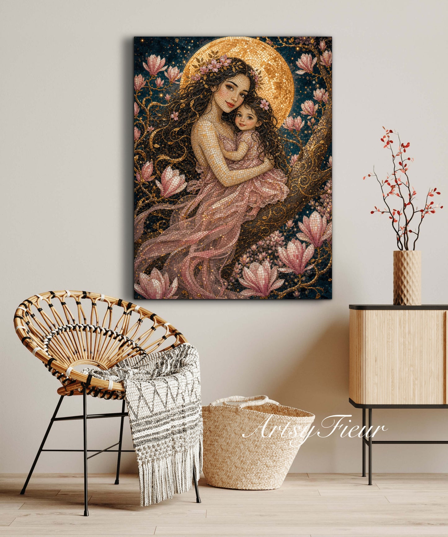 Framed canvas- Abstract Portrait Mosaic Fairy Beautiful Brunette Mother and Daughter Vibrant Magnolia Flowers Fantasy Wall Art Print