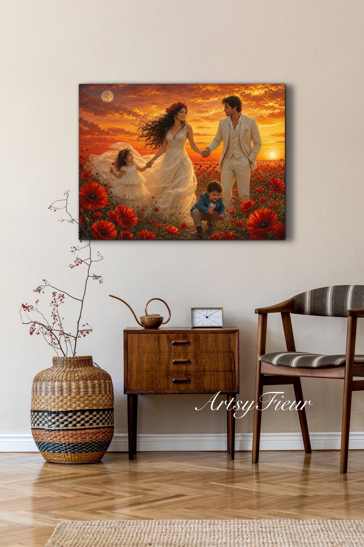 Framed Canvas- Vibrant Poppies Field Bride Groom Mother Daughter and Baby boy Portrait Whimsical Full Moon Sunset Fantasy Oil Painting Wall Art Print