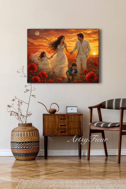 Framed Canvas- Vibrant Poppies Field Bride Groom Mother Daughter and Baby boy Portrait Whimsical Full Moon Sunset Fantasy Oil Painting Wall Art Print