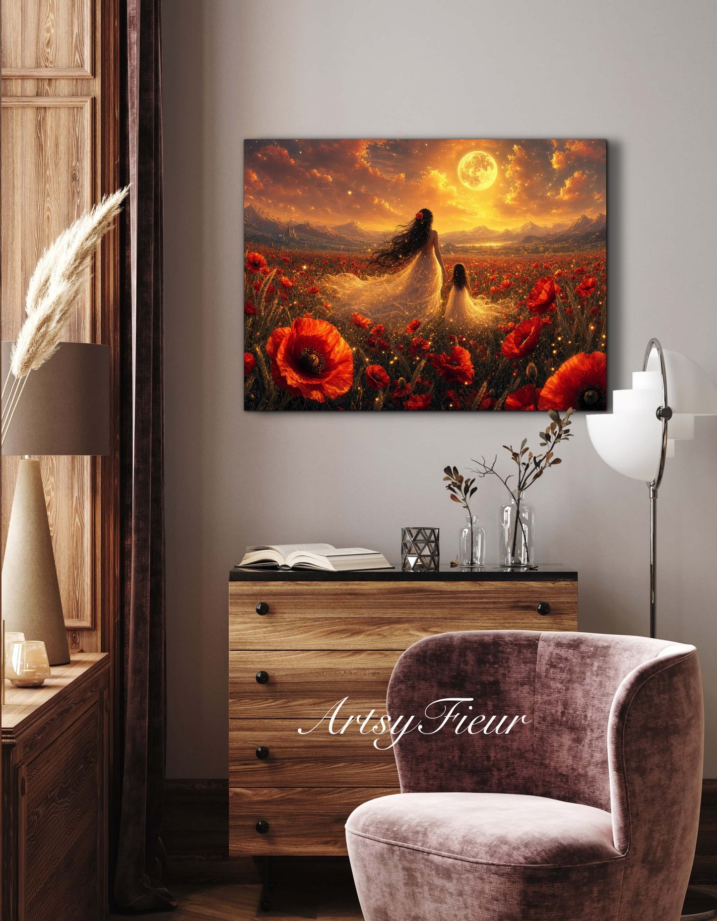 Framed Canvas- Vibrant Poppies Field Bride Mother and Daughter Portrait Whimsical Full Moon Sunset Fantasy Oil Painting Wall Art Print